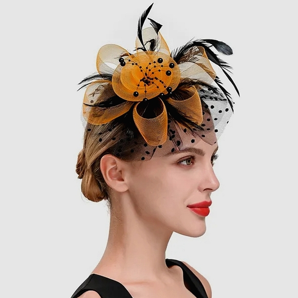 Elegant Orange Black Feathered 3-PC Fascinator NWT